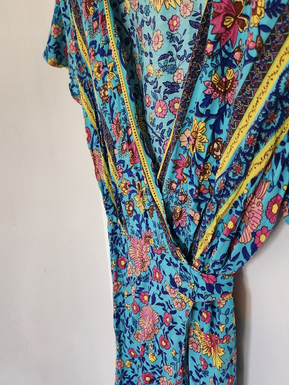 Bright Floral Mini Wrap Dress in Turquoise - Picture 4 of 9